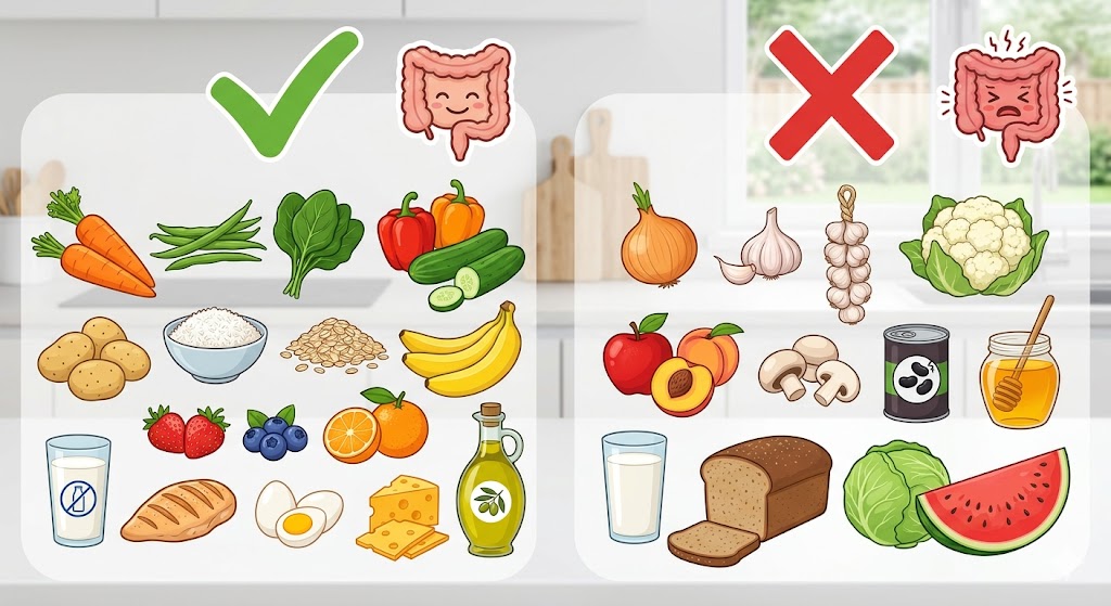 O Que Comer Durante o Tratamento do SIBO? em Tratamentos Infográfico Low-FODMAP: alimentos para saúde intestinal (esquerda, intestino feliz) e alimentos a evitar (direita, intestino infeliz).
