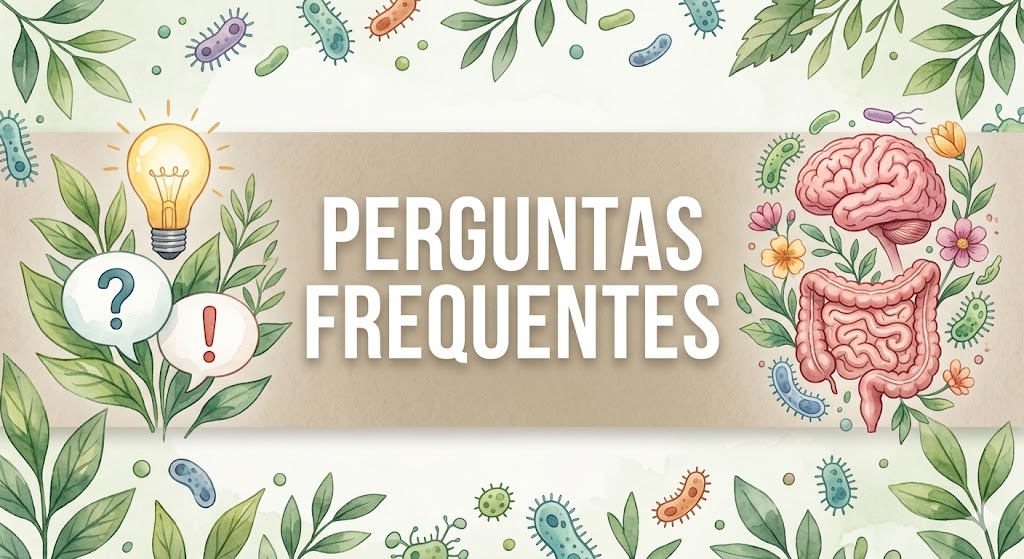The Anti-Inflammatory Solution – Inflamação, Doenças e Envelhecimento em Documentários Um banner ilustrado sobre Perguntas Frequentes com texto e ícones de intestino, cérebro e microbioma intestinal.