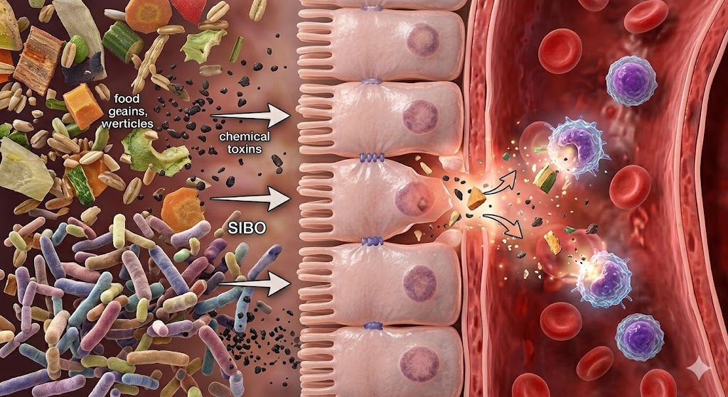 Por Que a Dieta de Eliminação SIBO Falha: O Verdadeiro Culpado das Intolerâncias em Causas Diagrama médico mostrando bactérias SIBO, toxinas e alimentos rompendo a barreira intestinal permeável para o sangue, ativando células imunes.