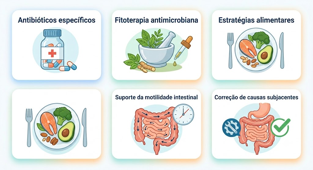 Qual a Diferença Entre SIBO e IMO? Tudo o Que Precisa Saber em Sobre SIBO Ícones ilustrando os tratamentos para SIBO e IMO: remédios, fitoterapia, alimentação saudável e suporte intestinal.