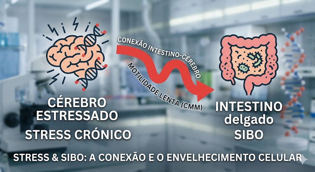 Stress e SIBO: Como a Tensão Nervosa Impede a Sua Recuperação Intestinal em Causas Ilustração da conexão intestino-cérebro mostrando que o stress crónico causa motilidade lenta e SIBO, ligado ao envelhecimento celular.