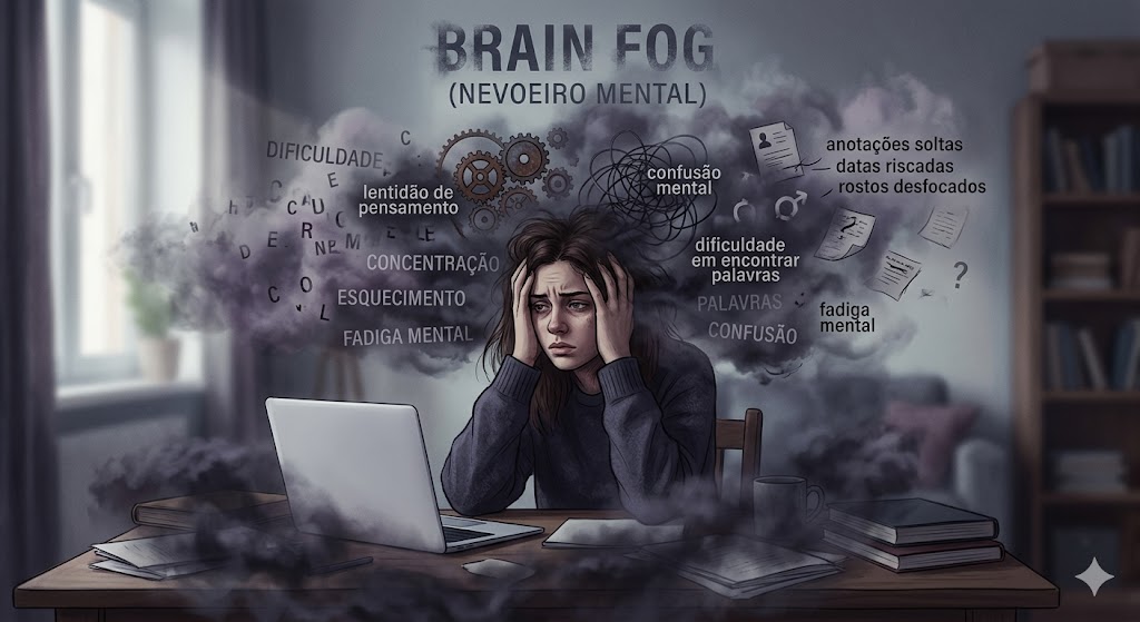 SIBO e Brain Fog: O Que a Ciência Sabe Sobre a Ligação Entre Intestino e Clareza Mental em Sintomas Uma mulher exausta com sibo e brain fog segura a cabeça em uma mesa de trabalho, cercada por névoa contendo palavras de confusão mental flutuando.