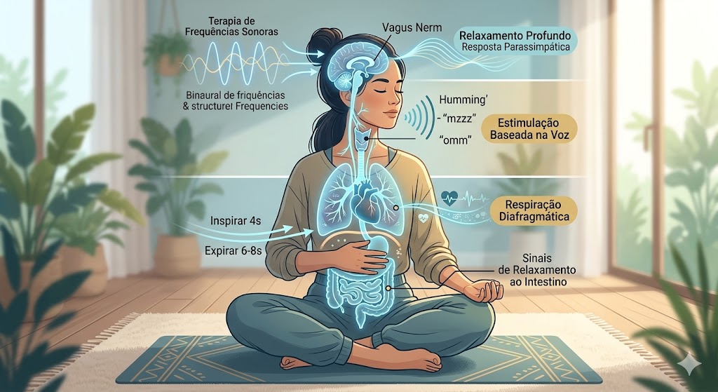 Tratamento Natural para SIBO: Como a Estimulação do Nervo Vago Ativa a Digestão em Tratamentos Uma ilustração de uma mulher em ioga com um diagrama do nervo vago e métodos de estimulação por som, voz e respiração.