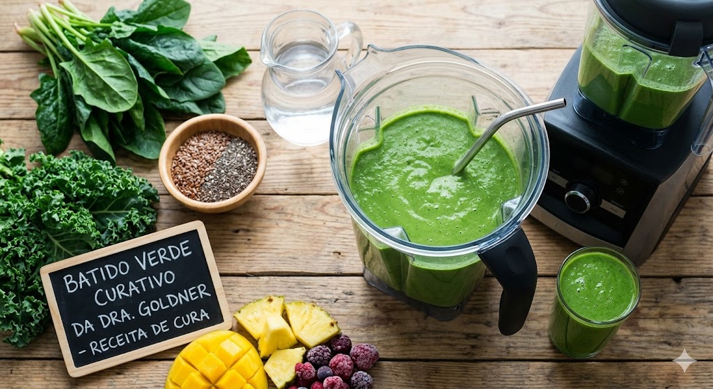 The Anti-Inflammatory Solution – Inflamação, Doenças e Envelhecimento em Documentários Mesa de madeira com ingredientes frescos e liquidificador para o Batido Verde Curativo da Dra. Goldner.
