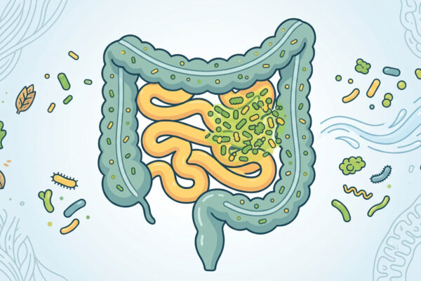 O QUE É SIBO? em Sobre SIBO Ilustração do sistema digestivo focada no intestino delgado e grosso, com representação de bactérias e microrganismos.
