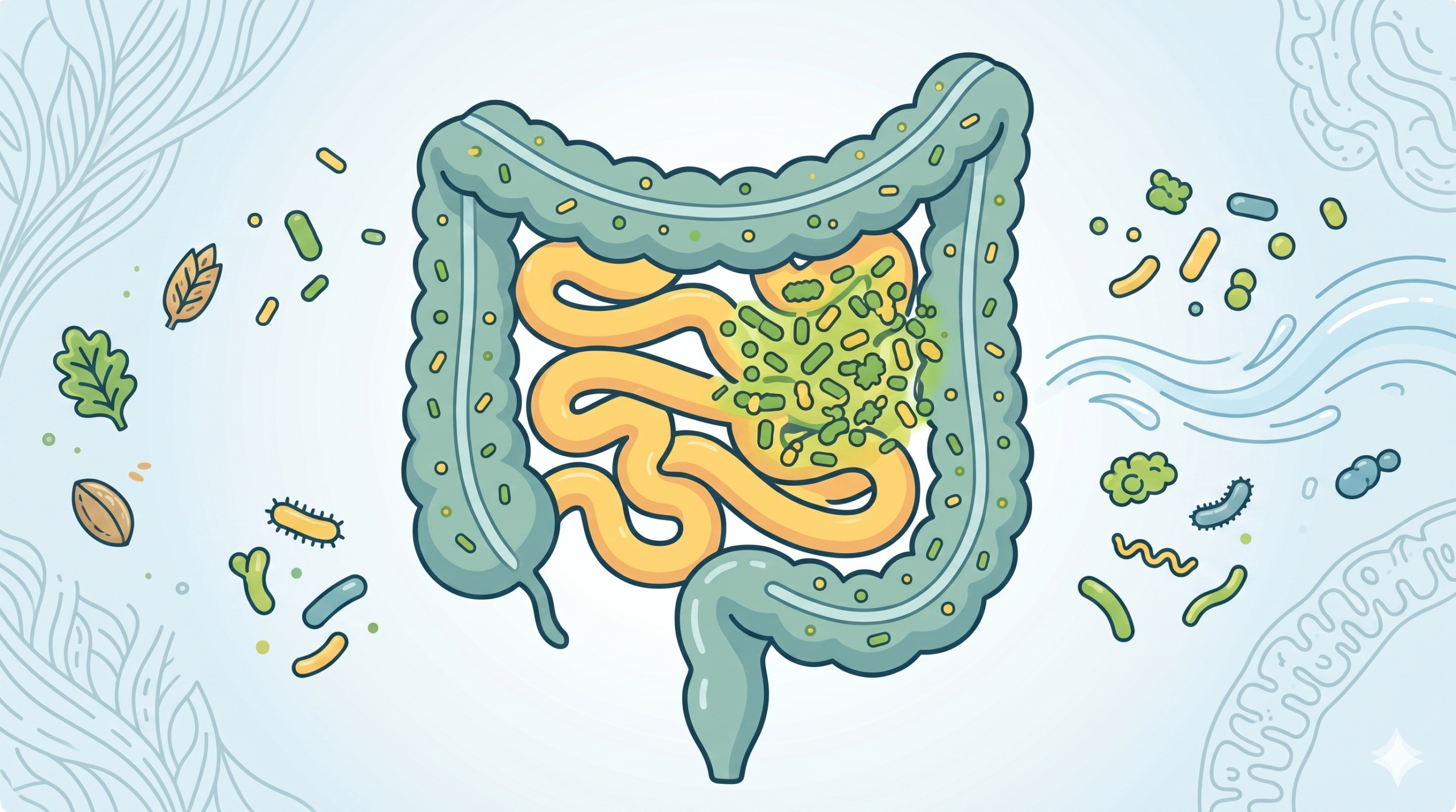 O QUE É SIBO? em Documentários Ilustração do sistema digestivo focada no intestino delgado e grosso, com representação de bactérias e microrganismos.