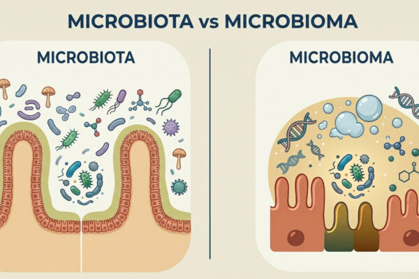 Microbiota vs. Microbioma: Sabe a Diferença? em Biblioteca Infográfico comparativo entre Microbiota e Microbioma com ilustrações do ecossistema intestinal.