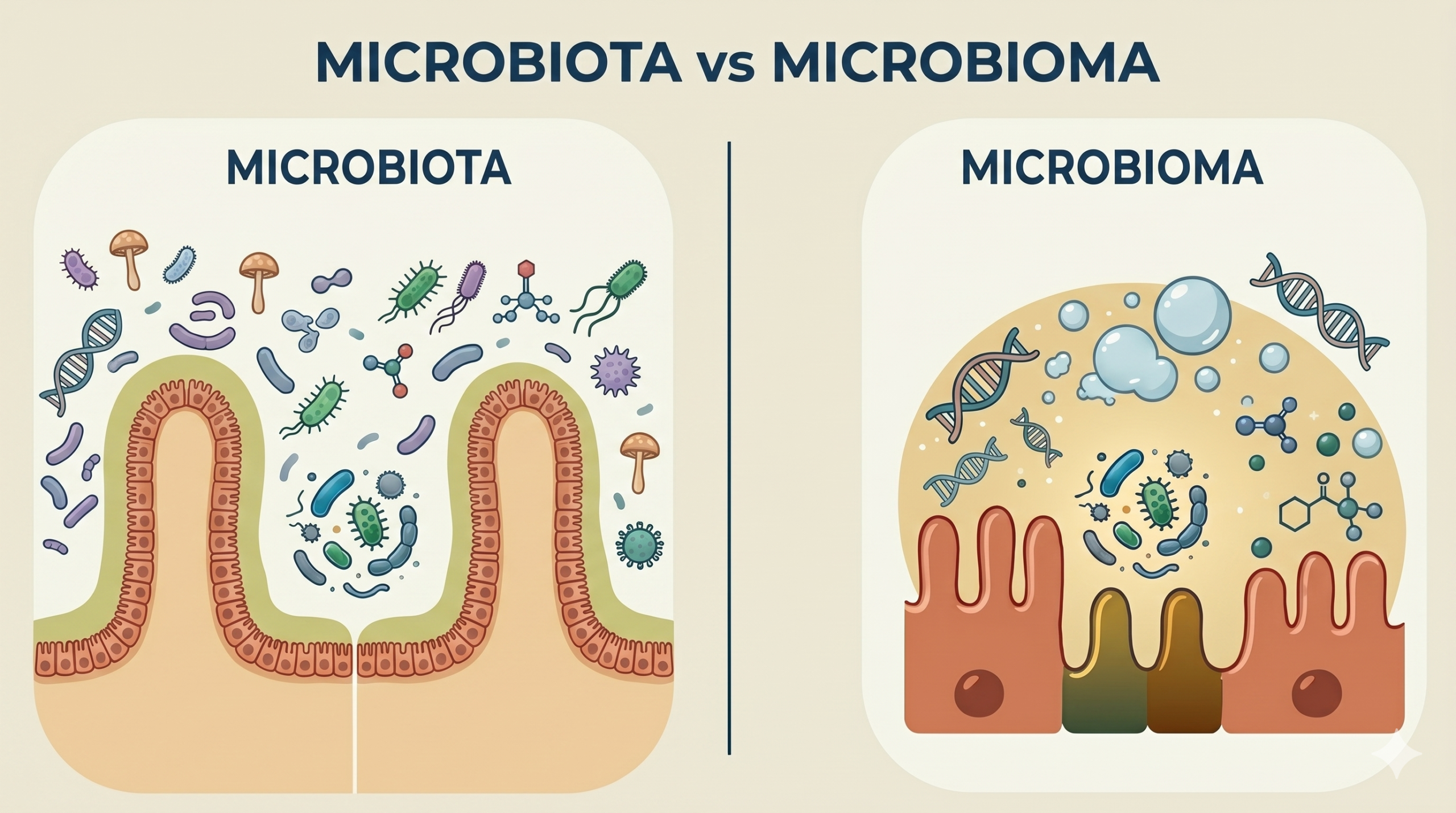 Microbiota vs. Microbioma: Sabe a Diferença? em Documentários Infográfico comparativo entre Microbiota e Microbioma com ilustrações do ecossistema intestinal.