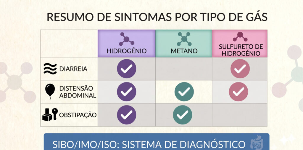 O QUE É SIBO? em Sobre SIBO Resumo de sintomas por tipo de gás: hidrogénio, metano e sulfureto de hidrogénio no diagnóstico de SIBO.