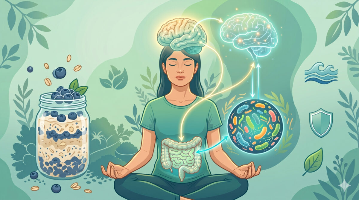 Food Revolution Summit 2026 – Memória, Foco e Prevenção de Alzheimer em Documentários Ilustração conceitual de uma mulher a meditar, mostrando conexões neurais entre o cérebro e o microbioma intestinal.