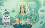 Ilustração conceitual de uma mulher a meditar, mostrando conexões neurais entre o cérebro e o microbioma intestinal.