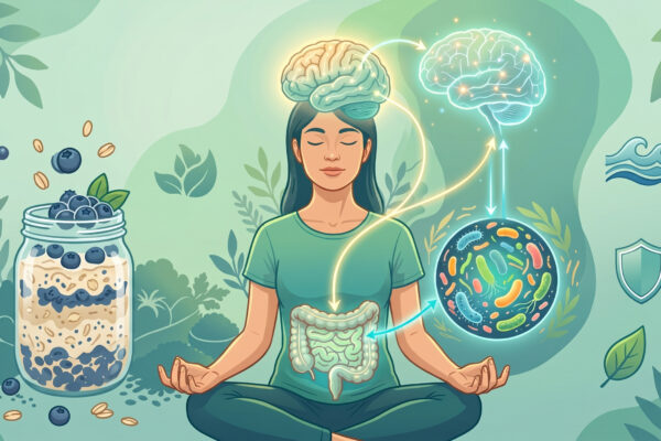 Food Revolution Summit 2026 – Memória, Foco e Prevenção de Alzheimer em Biblioteca Ilustração conceitual de uma mulher a meditar, mostrando conexões neurais entre o cérebro e o microbioma intestinal.