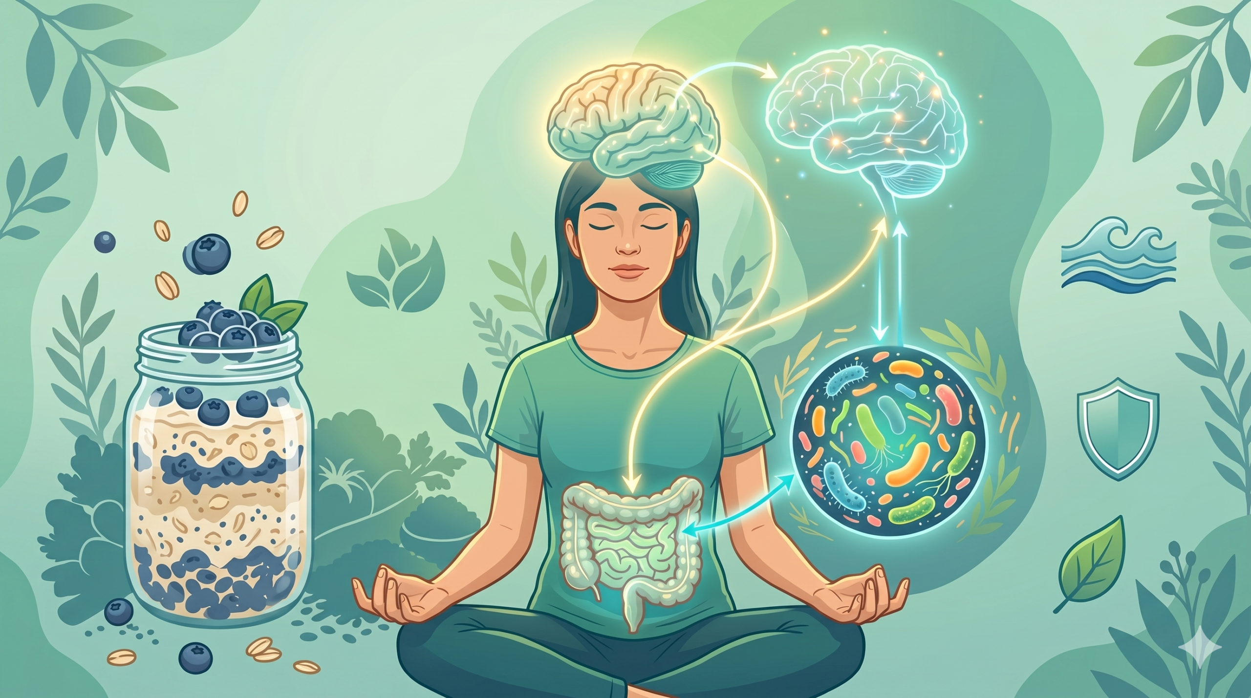Food Revolution Summit 2026 – Memória, Foco e Prevenção de Alzheimer em Documentários Ilustração conceitual de uma mulher a meditar, mostrando conexões neurais entre o cérebro e o microbioma intestinal.