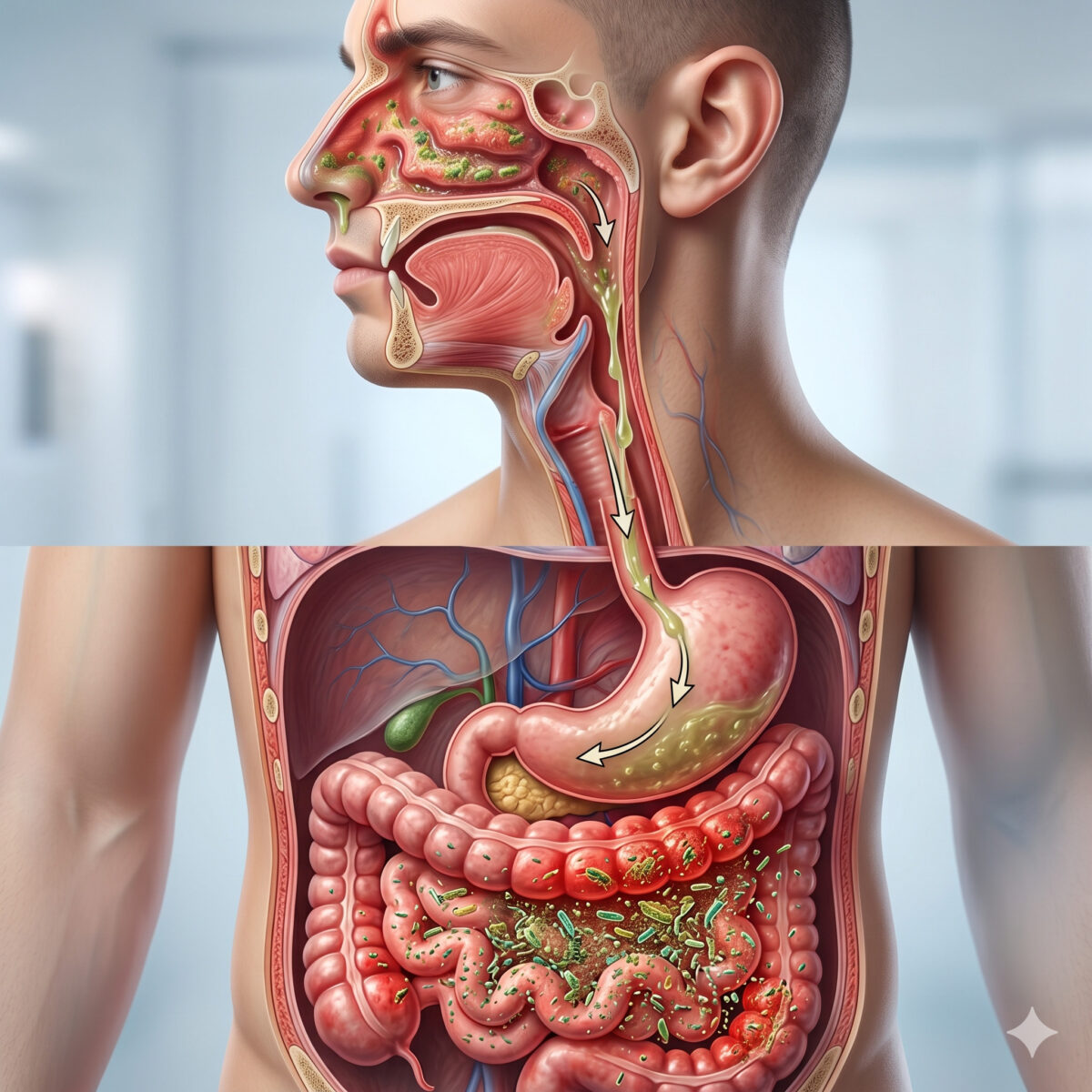 SIBO e Sinusite: A Ligação Oculta em Biblioteca Corte anatômico: bactérias do nariz e boca são engolidas e se acumulam no intestino delgado, ilustrando o SIBO.