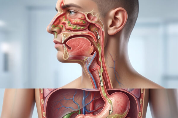 SIBO e Sinusite: A Ligação Oculta em Biblioteca Corte anatômico: bactérias do nariz e boca são engolidas e se acumulam no intestino delgado, ilustrando o SIBO.