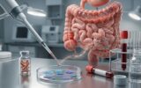 Descoberta no SIBO: Novo Teste de Sangue Comprova Ligação com Intoxicação Alimentar Passada em Tratamentos Laboratório médico com intestino, placa de Petri e tubos de ensaio. Inclui a frase: "Descoberta no SIBO"