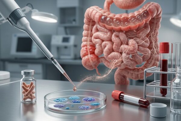 Descoberta no SIBO: Novo Teste de Sangue Comprova Ligação com Intoxicação Alimentar Passada em Notícias Laboratório médico com intestino, placa de Petri e tubos de ensaio. Inclui a frase: "Descoberta no SIBO"