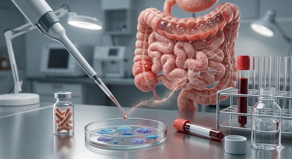 Descoberta no SIBO: Novo Teste de Sangue Comprova Ligação com Intoxicação Alimentar Passada em Notícias Laboratório médico com intestino, placa de Petri e tubos de ensaio. Inclui a frase: "Descoberta no SIBO"