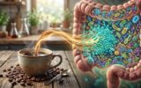 Café e Microbiota: Como Esta Bebida Molda o Teu Intestino (Mesmo Descafeinado) em Sobre SIBO Café e Microbiota: xícara de café rústica ao lado de uma ilustração de um intestino humano com bactérias coloridas.