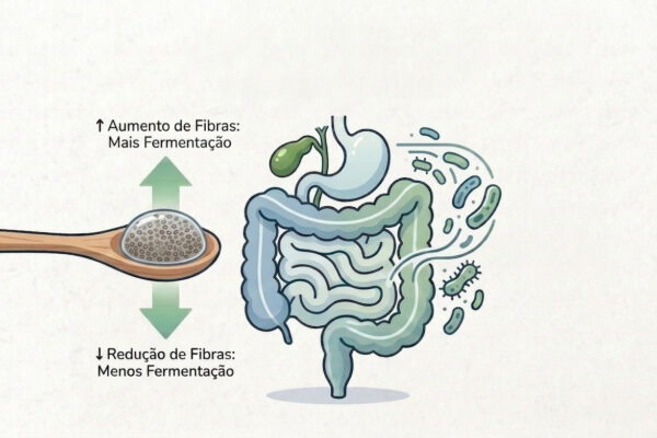 A Chia e a SIBO: Uma Relação Delicada mas Potencialmente Benéfica em Suplementos Infográfico ilustrando a relação delicada entre chia e SIBO, destacando como o aumento ou redução de fibras afeta a fermentação e a saúde intestinal.