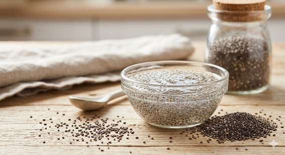 A Chia e a SIBO: Uma Relação Delicada mas Potencialmente Benéfica em Alimentação Sementes de chia ricas em fibras solúveis, preparadas para consumo, destacando sua relação com a dieta para SIBO.