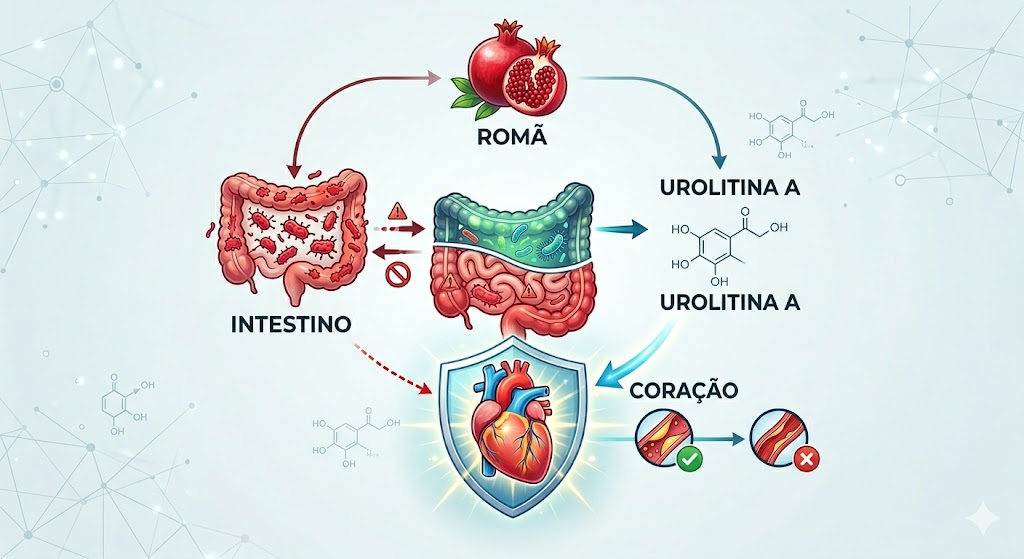 Urolitina A, Microbioma e SIBO: O Que a Romã Pode Revelar Sobre a Sua Saúde Intestinal e Cardíaca em Notícias Ilustração de como um microbioma intestinal saudável transforma a romã em urolitina A para proteger o coração.