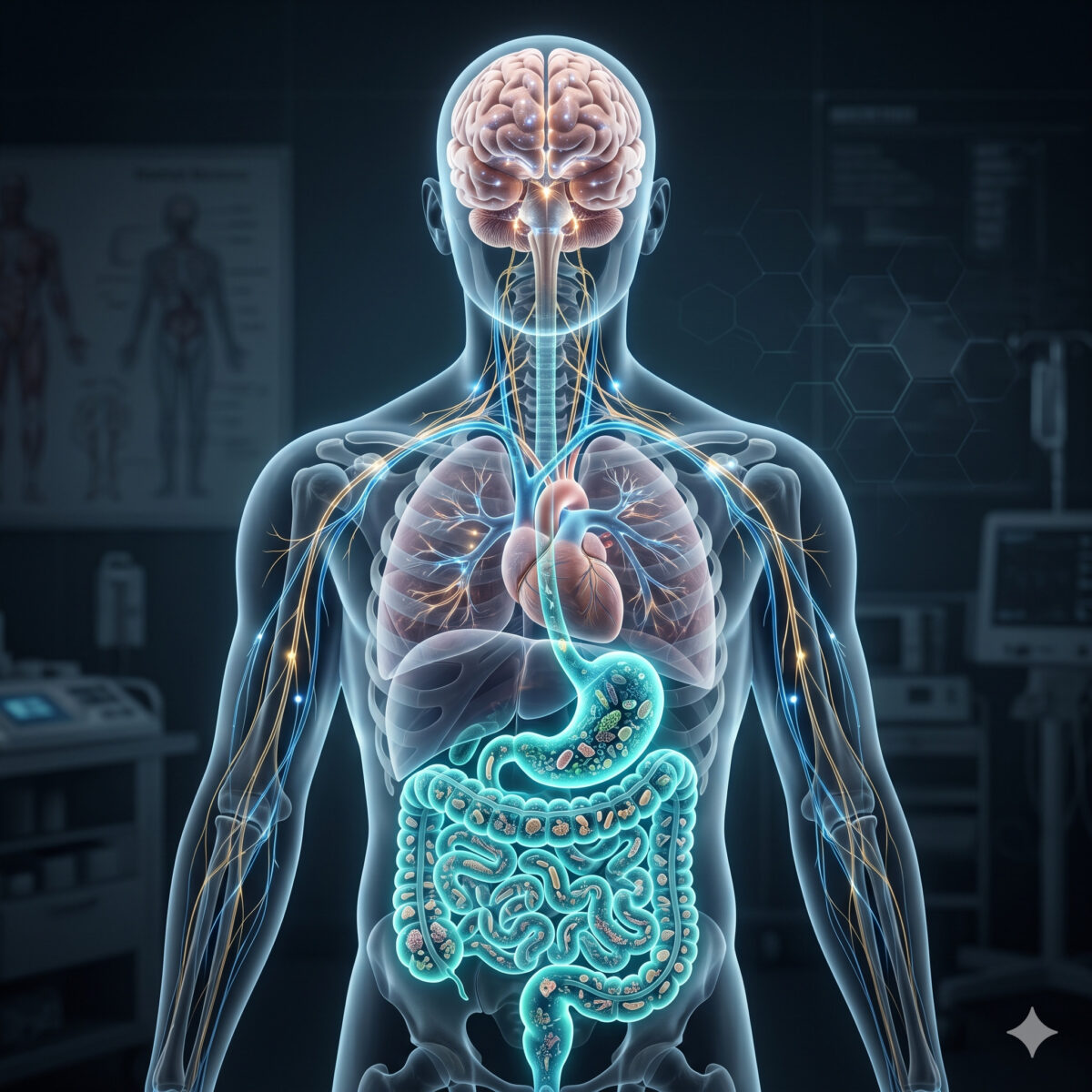 Eixo Intestino-Cérebro: Como o Intestino Influencia o Cérebro e o Humor em Biblioteca Ilustração do eixointestino-cerebro destacando a ligação luminosa entre cérebro, intestino, alimentos e microbiota.