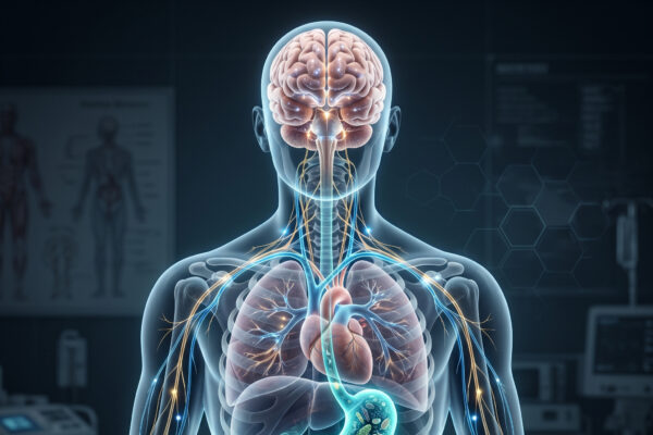 Eixo Intestino-Cérebro: Como o Intestino Influencia o Cérebro e o Humor em Biblioteca Ilustração do eixointestino-cerebro destacando a ligação luminosa entre cérebro, intestino, alimentos e microbiota.