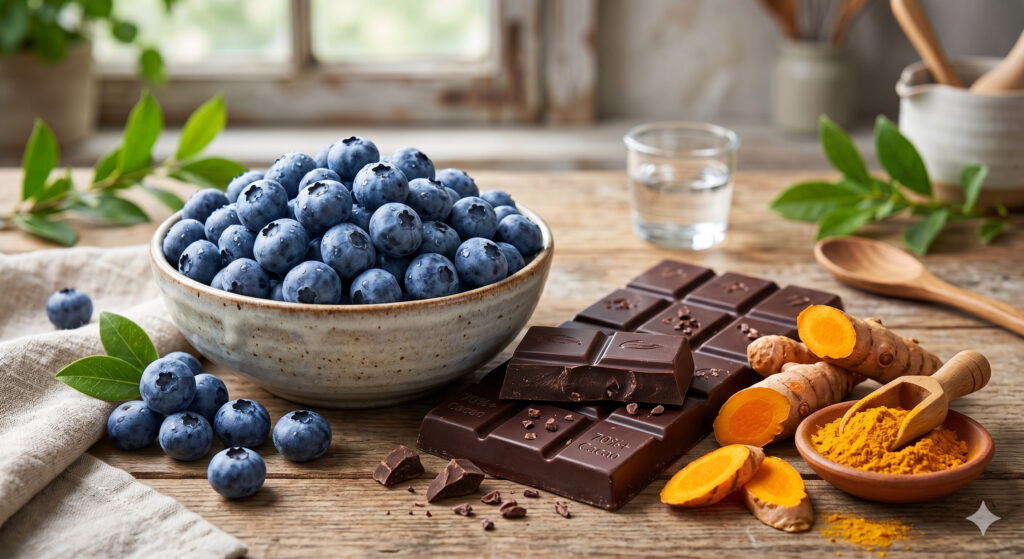 Eixo Intestino-Cérebro: Como o Intestino Influencia o Cérebro e o Humor em Biblioteca Alimentos ricos em polifenóis: mirtilos frescos, chocolate negro e curcuma sobre uma mesa.