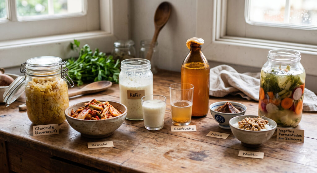 Eixo Intestino-Cérebro: Como o Intestino Influencia o Cérebro e o Humor em Biblioteca Alimentos fermentados artesanais com etiquetas em português, incluindo Chucrute, Kimchi e Kefir, numa mesa de madeira.