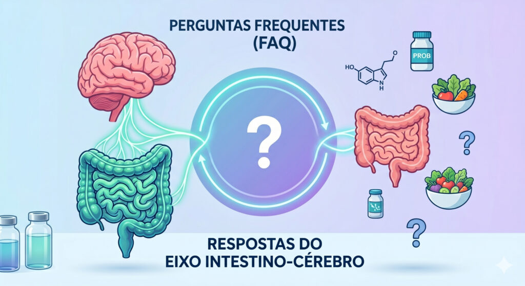 Eixo Intestino-Cérebro: Como o Intestino Influencia o Cérebro e o Humor em Biblioteca Ilustração para FAQ do eixo intestino-cérebro, com cérebro e intestinos conectados e um ponto de interrogação central.
