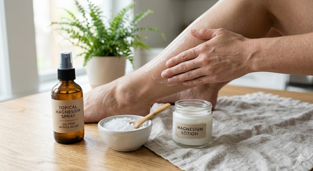 Qual o Melhor Magnésio para SIBO? em Suplementos Mão aplica loção de magnésio na perna ao lado de spray e sais em tigela sobre mesa de madeira.