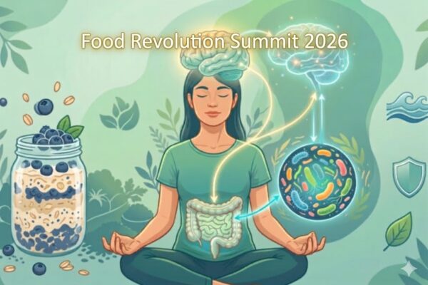 Ilustração conceitual de uma mulher a meditar, mostrando conexões neurais entre o cérebro e o microbioma intestinal.