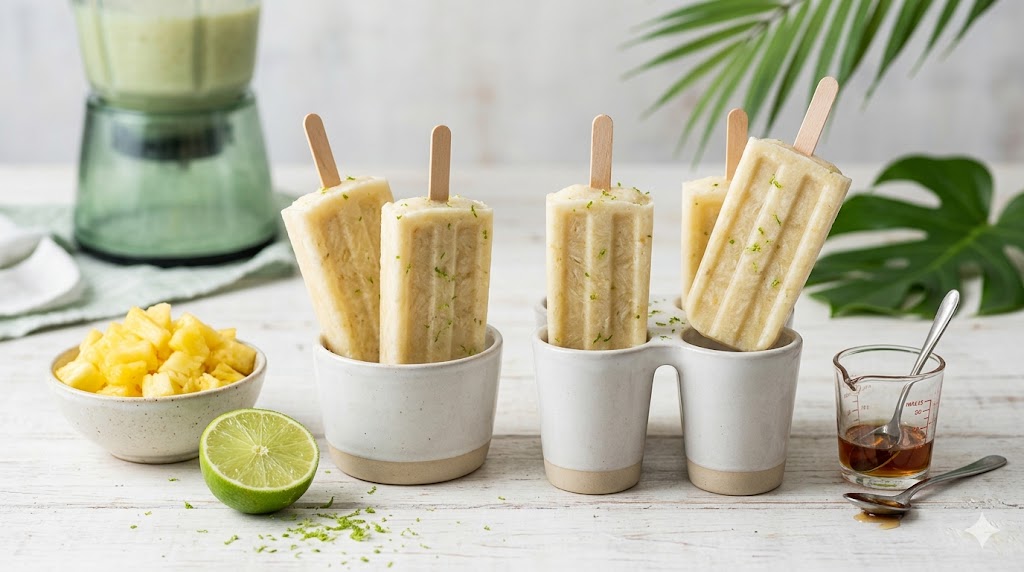 Gelados de Abacaxi e Coco em Receitas Gelados de abacaxi artesanais com raspas de lima, servidos ao lado de fruta fresca, xarope de ácer e um liquidificador.