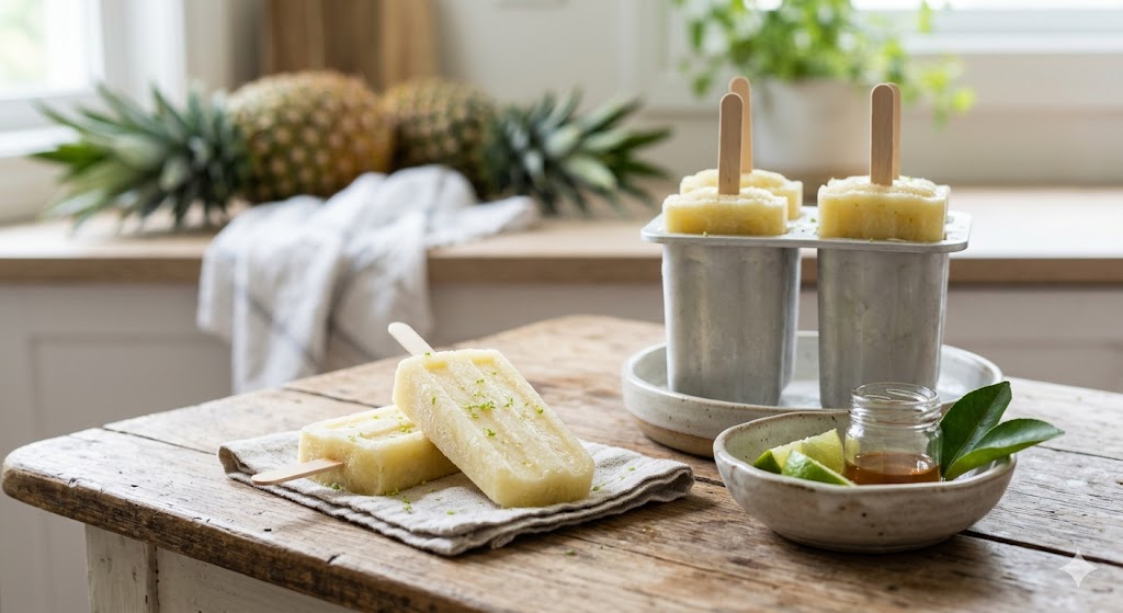 Gelados de Abacaxi e Coco em Receitas Foto de gelados de abacaxi dieta SIBO frescos numa mesa de madeira rústica, com limas.