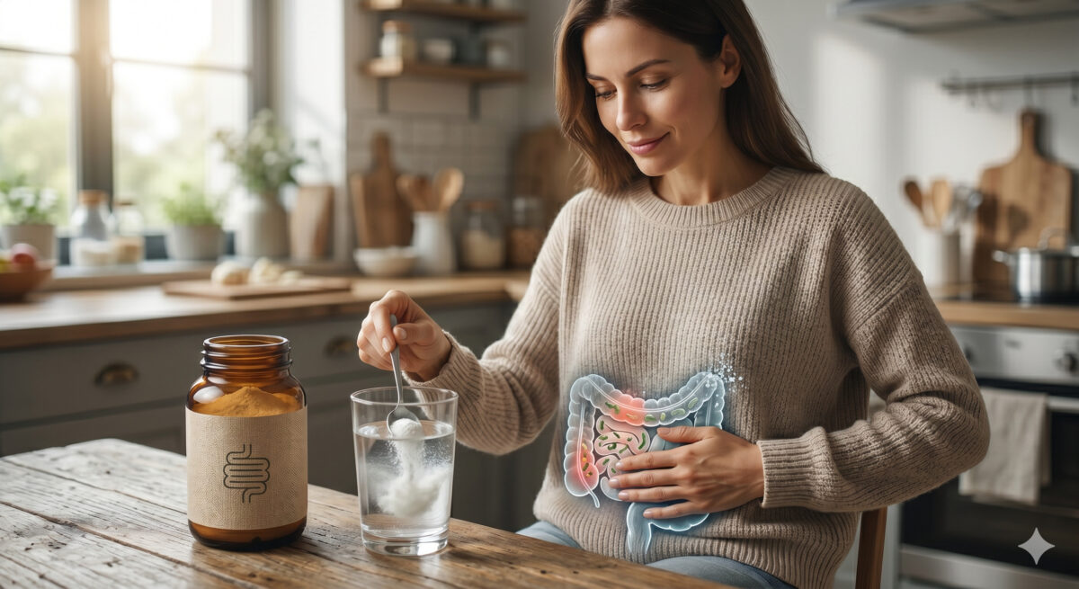 Glutamina e SIBO: o papel deste aminoácido na saúde e recuperação intestinal em Suplementos Mulher toma suplemento de glutamina, com diagrama intestinal sobreposto mostrando inflamação