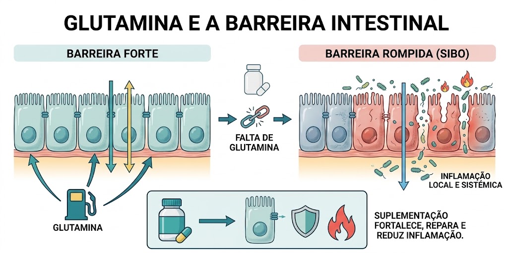 Glutamina e SIBO: o papel deste aminoácido na saúde e recuperação intestinal em Suplementos Diagrama comparativo de barreiras intestinais fortes vs. rompidas (SIBO), ilustrando como a glutamina e suplementação reparam e fortalecem a integridade.