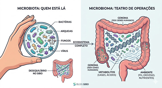 Microbiota vs. Microbioma: Sabe a Diferença? em Sobre SIBO Infográfico comparativo entre Microbiota (focado em microrganismos como bactérias e fungos) e Microbioma (focado no ecossistema e genes)