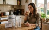 Nova Dieta Elementar Traz Esperança no Tratamento do SIBO e IMO em Notícias Mulher consome shake em cozinha com placa 'Tem de ter dieta elementar' e suplemento.