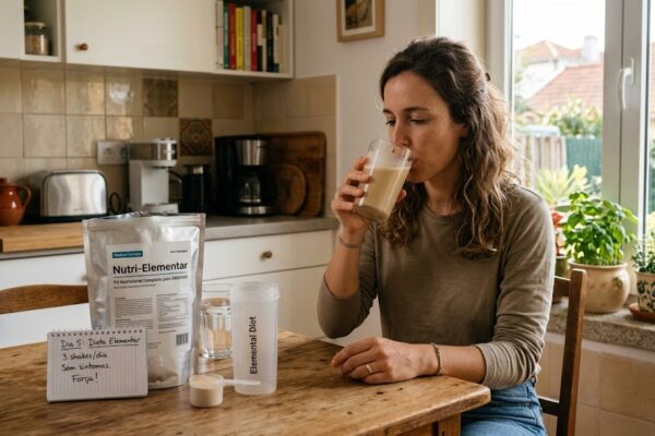 Nova Dieta Elementar Traz Esperança no Tratamento do SIBO e IMO em Notícias Mulher consome shake em cozinha com placa 'Tem de ter dieta elementar' e suplemento.