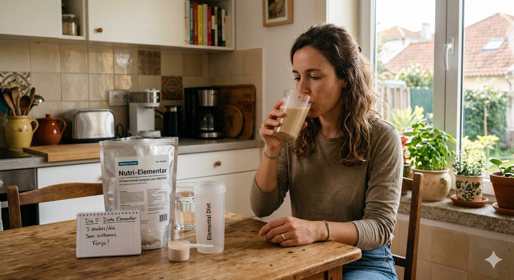 Nova Dieta Elementar Traz Esperança no Tratamento do SIBO e IMO em Notícias Mulher consome shake em cozinha com placa 'Tem de ter dieta elementar' e suplemento.