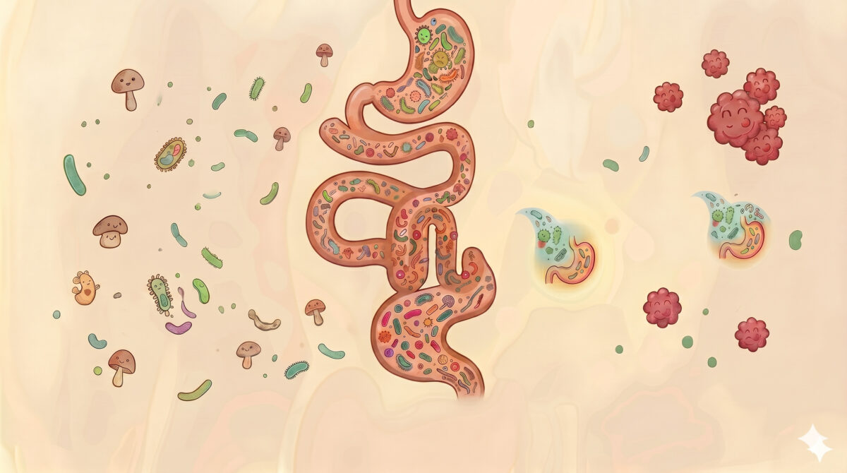 O Papel da Microbiota no Equilíbrio Intestinal: O que precisa de saber em Sobre SIBO Ilustração do intestino humano com representação da microbiota intestinal, mostrando bactérias benéficas e prejudiciais, associada ao equilíbrio intestinal, disbiose e SIBO.