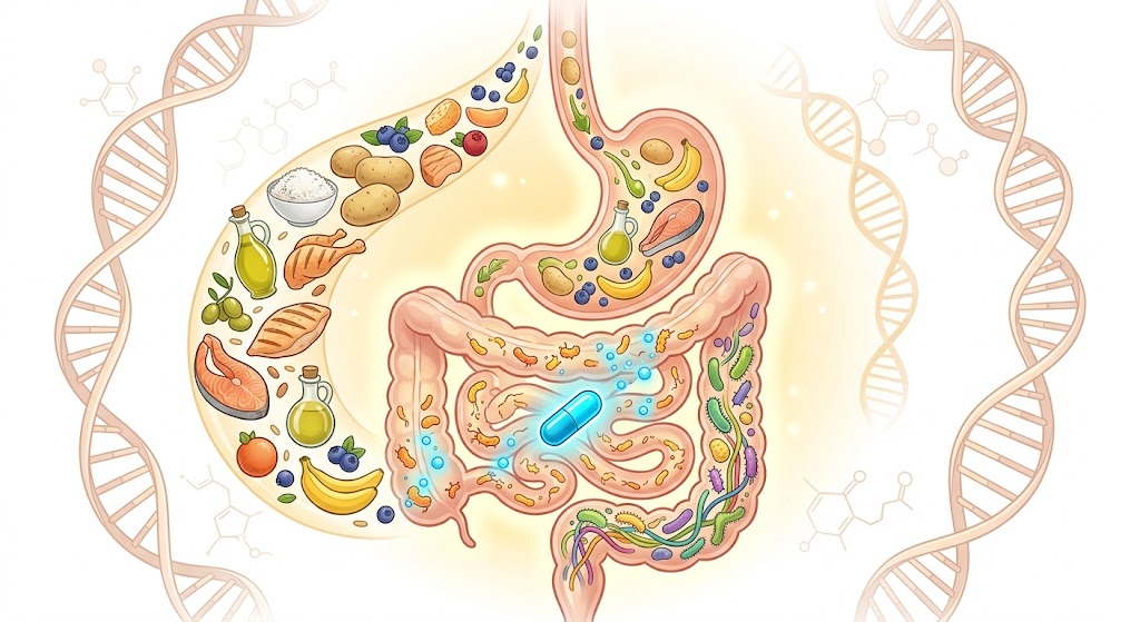 O Que Comer Durante o Tratamento do SIBO? em Tratamentos Ilustração do sistema digestivo com alimentos saudáveis descendo e um antibiótico no intestino delgado para tratamento.