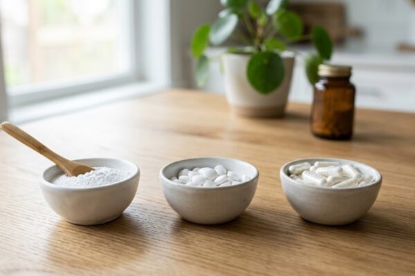 Qual o Melhor Magnésio para SIBO? em Sobre SIBO Três tipos de suplementos de magnésio para SIBO dispostos em taças sobre uma mesa de madeira: pó, comprimidos e cápsulas.