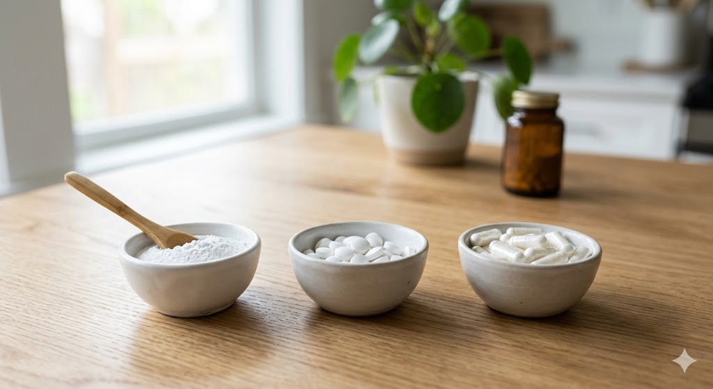 Qual o Melhor Magnésio para SIBO? em Suplementos Três tipos de suplementos de magnésio para SIBO dispostos em taças sobre uma mesa de madeira: pó, comprimidos e cápsulas.