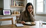 Por Que a Dieta de Eliminação SIBO Falha: O Verdadeiro Culpado das Intolerâncias em Tratamentos Mulher frustrada a comer refeição restrita, ilustrando as falhas da dieta de eliminação SIBO.