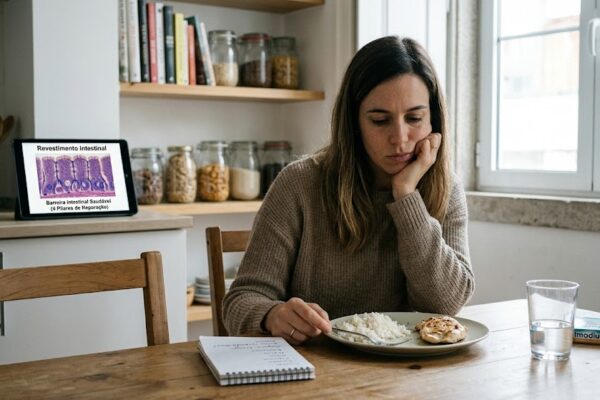 Por Que a Dieta de Eliminação SIBO Falha: O Verdadeiro Culpado das Intolerâncias em Causas Mulher frustrada a comer refeição restrita, ilustrando as falhas da dieta de eliminação SIBO.