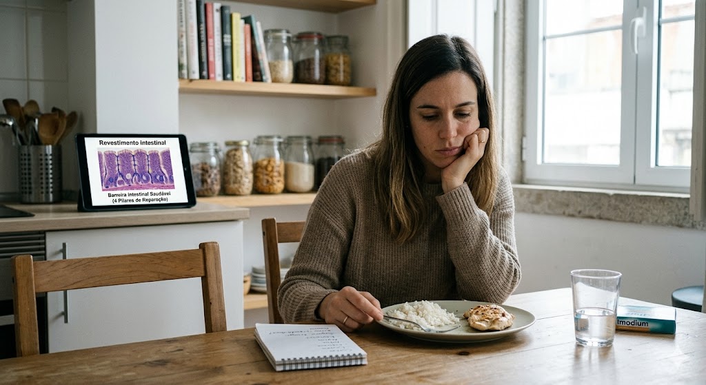 Por Que a Dieta de Eliminação SIBO Falha: O Verdadeiro Culpado das Intolerâncias em Causas Mulher frustrada a comer refeição restrita, ilustrando as falhas da dieta de eliminação SIBO.