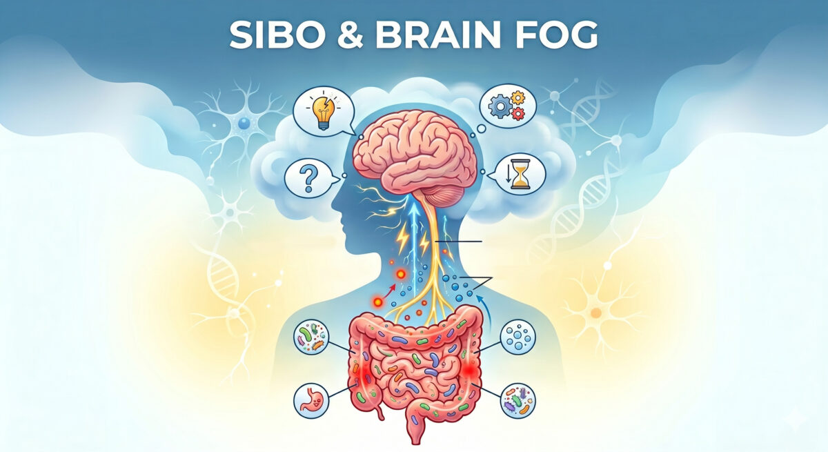 SIBO e Brain Fog: O Que a Ciência Sabe Sobre a Ligação Entre Intestino e Clareza Mental em Sintomas Eixo intestino-cérebro: diagrama de um intestino com SIBO e inflamação enviando sinais que causam confusão mental e brain fog.