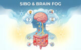 SIBO e Brain Fog: O Que a Ciência Sabe Sobre a Ligação Entre Intestino e Clareza Mental em Biblioteca Eixo intestino-cérebro: diagrama de um intestino com SIBO e inflamação enviando sinais que causam confusão mental e brain fog.